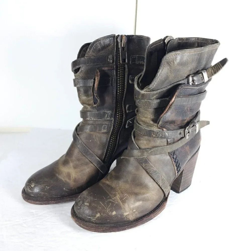 Freebird By Steven Women’s Baker US7 Leather Distressed Strappy Biker Boots